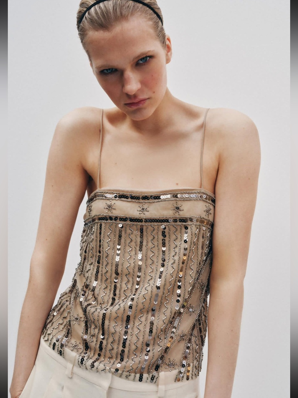 NWT Zara Woman Bloggers Fav BEADED SEQUIN TULLE TOP Size M Medium